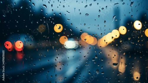 A blurred view of raindrops on a car window during a drive, creating a sense of calmness in the midst of a storm. [rainstorm relaxation]