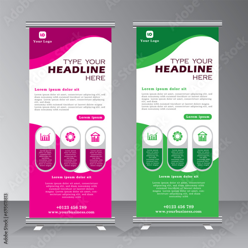 Roll-up banner design, creative stand with 3 sections, conferences, advertising of goods and services, modern flat style, banner for seminars. pink and green color roll up, 