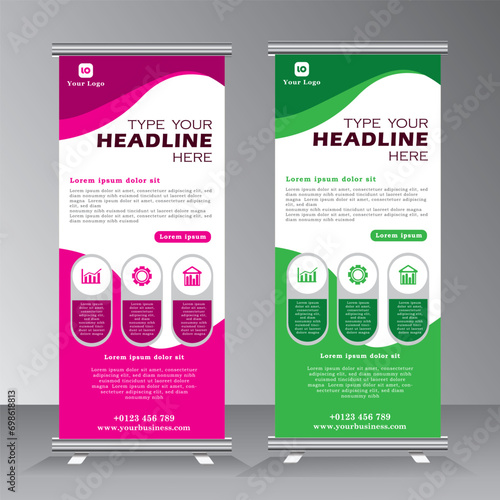 Roll-up banner design, creative stand with 3 sections,  conferences, advertising of goods and services, modern flat style, banner for seminars. pink and green color roll up, 