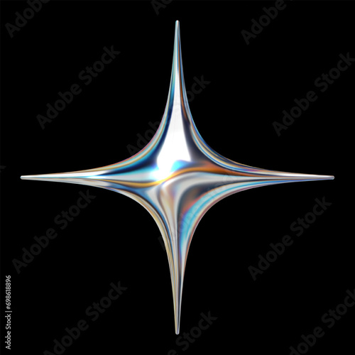 3D Y2K holographic star with reflective gloss, chrome metallic retro futuristic design element, isolated vector illustration