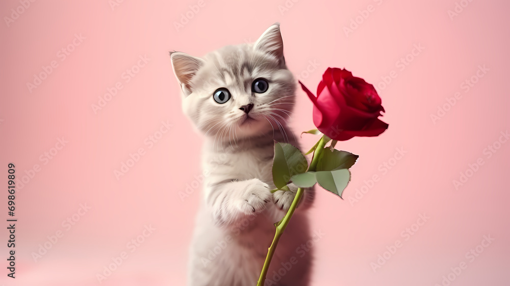 Cute cat holding roses on valentine's day, valentine's day background