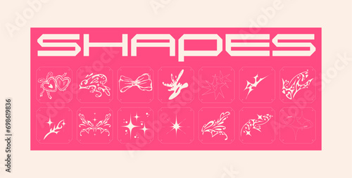 Y2K tribal shapes in retro futuristic style. Cyberpunk elements for 90s design. Ski-Fi style, GUI, FUI, HUD. Modern cyber user interface elements. Printable vector tattoo collection.