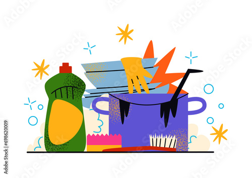 Cartoon house cleaning, cleanliness concept abstract shapes. Sponge, brush, spray, rag, washing machine. Vector retro illustration of disinfection
