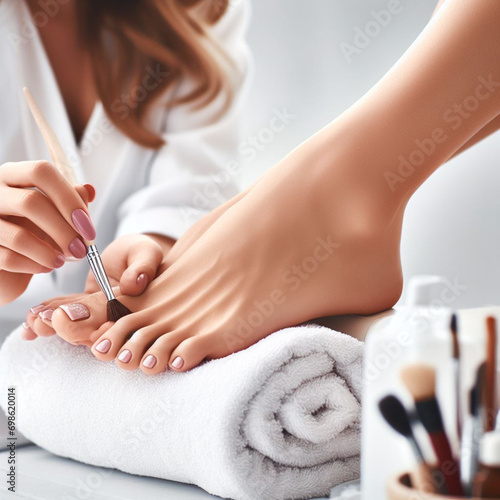 A manicurist is painting the female nails, close up. Beauty industry concept. photo