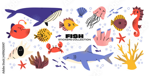 Set stickers with sea animals fish. Cartoon underwater set. Sea plants, whale, shark. Retro groovy design elements