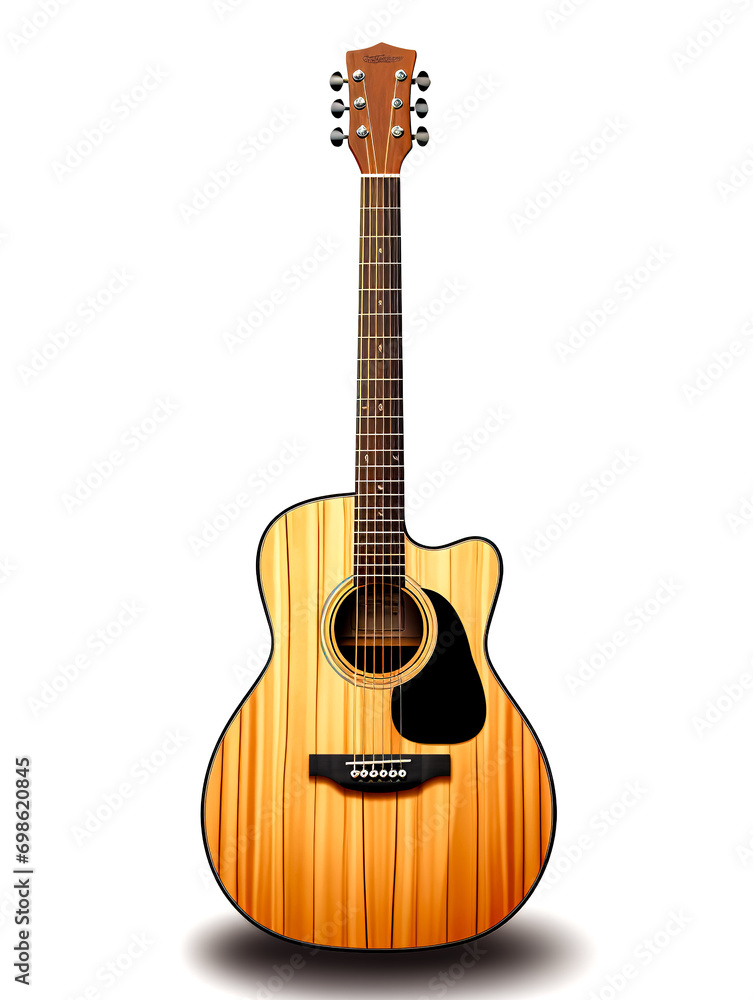Realistic wooden acoustic guitar isolated on white background.