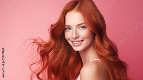 Portrait of an elegant, sexy smiling woman with perfect skin and long red hair, on a pink background, banner.