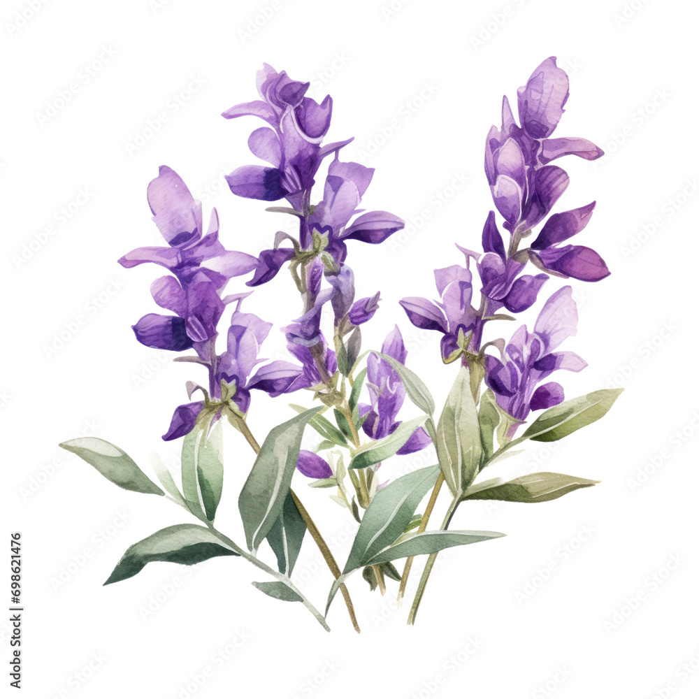 Beautiful Soft Pastel Purple Salvia Flower Botanical Watercolor Painting Illustration