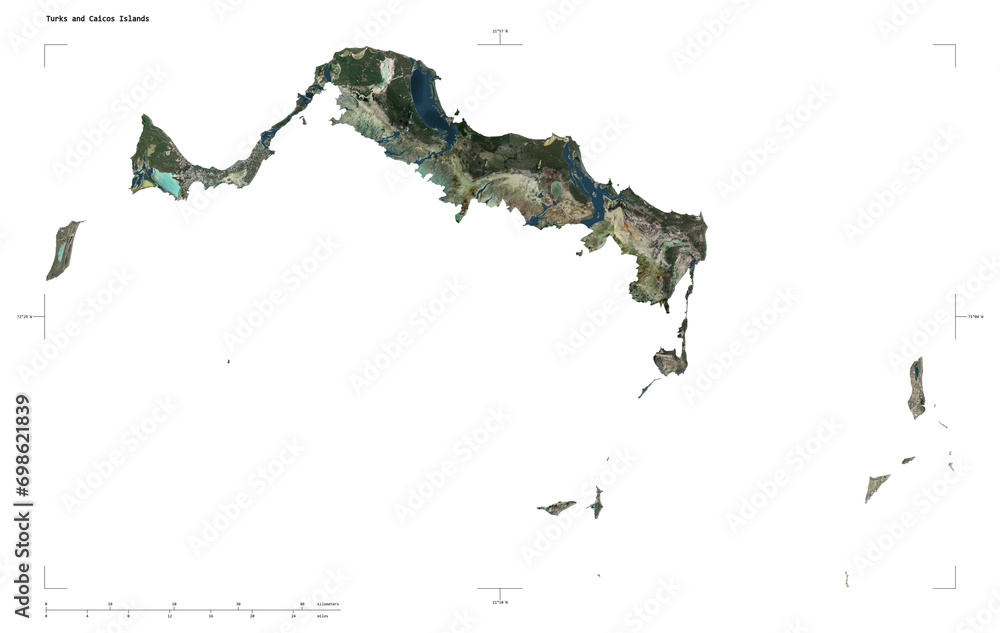 Turks and Caicos Islands shape isolated on white. High-res satellite map