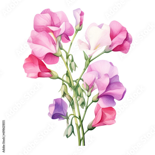 Lovely Blooming Purple and Pink Sweet Pea Flower Botanical Watercolor Painting Illustration