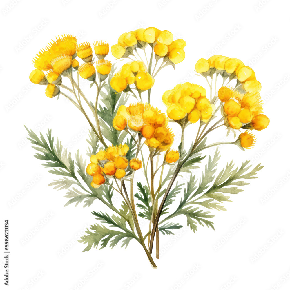 Elegant bouquet of Yellow Tansy Flower Bouquet Botanical Watercolor Painting Illustration