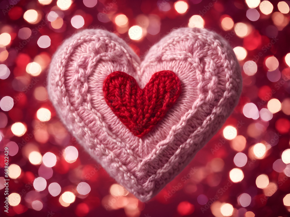 Valentines day design with knitted heart on bokeh background