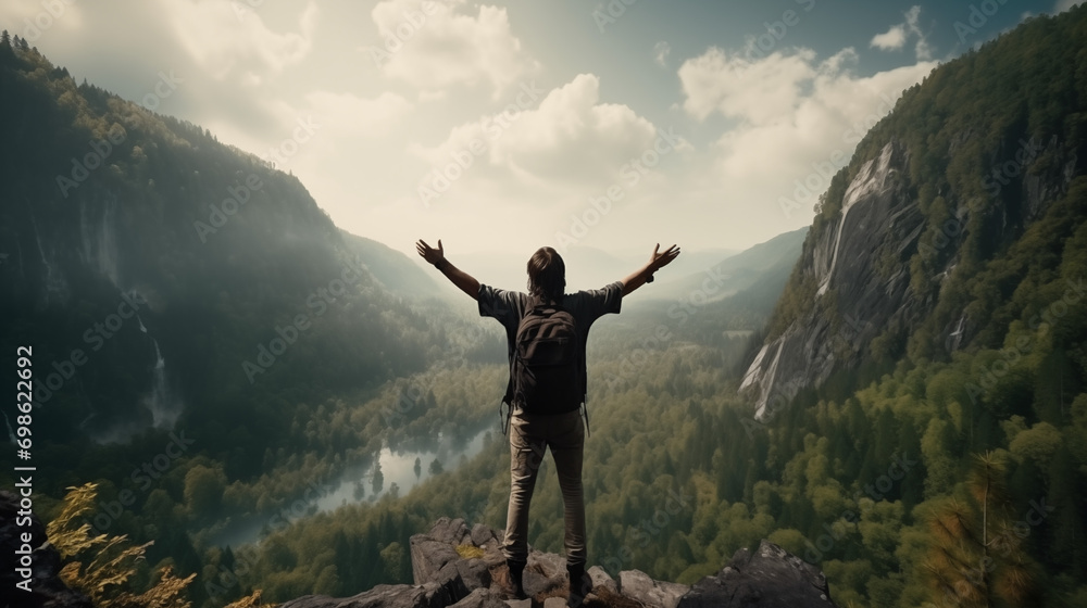 Man with backpack raising arms in joy amidst misty mountains, expressing freedom and adventure. Man with backpack raising arms in joy amidst misty mountains, expressing freedom and adventure.