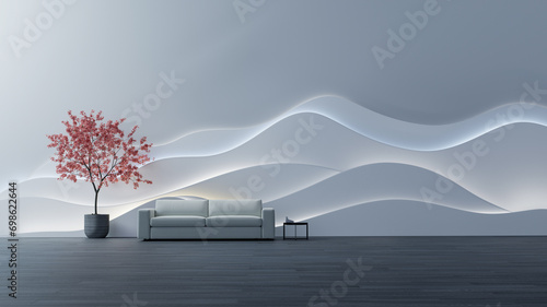 Minimalist stage designs, an abstract white modern space with a white couch, an artificial tree and a wall designed with futuristic chromatic waves, backlight and delicate curves. 3D Rendering.