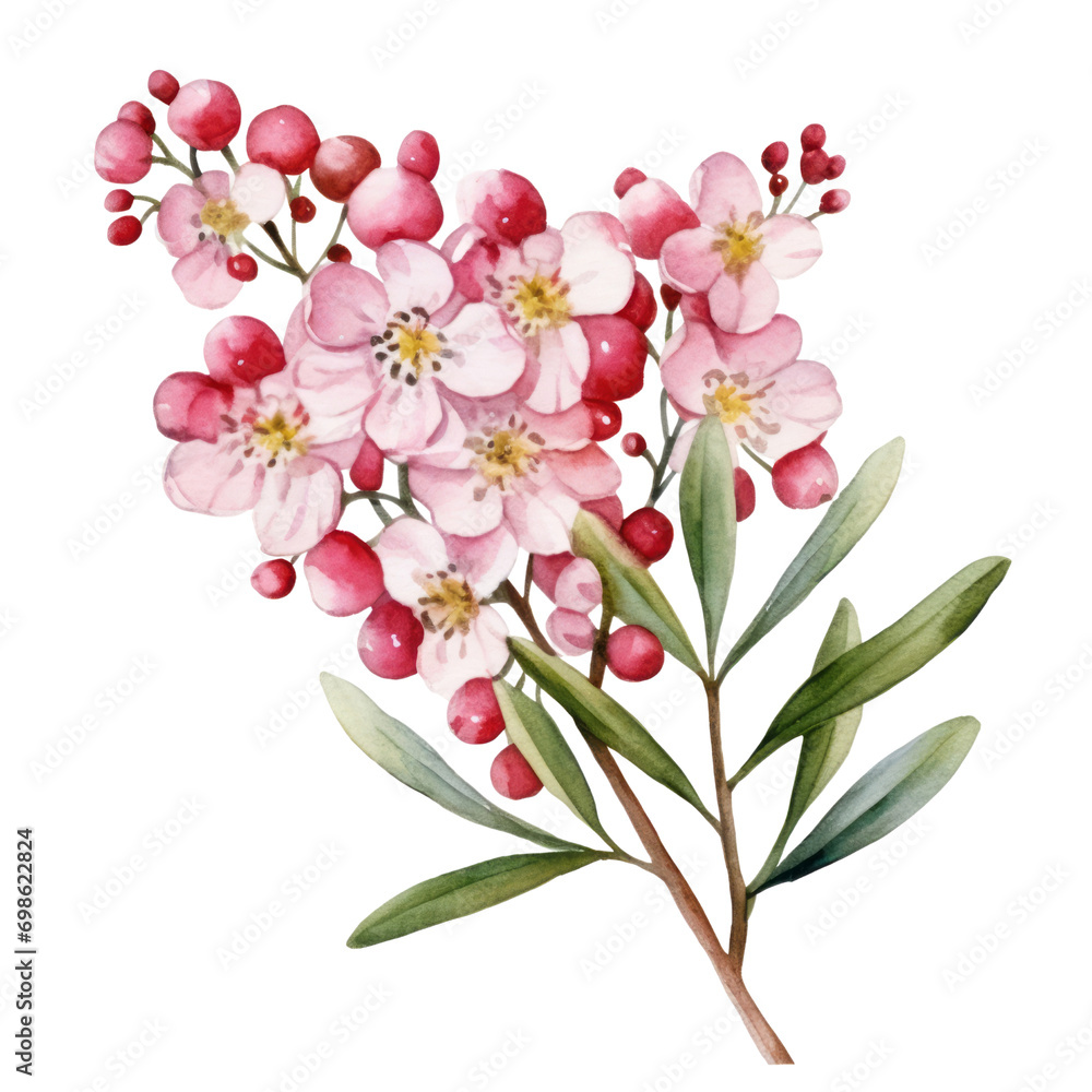 Fototapeta premium Beautiful Blooming Pastel Pink and Red Waxflower Flower Botanical Watercolor Painting Illustration