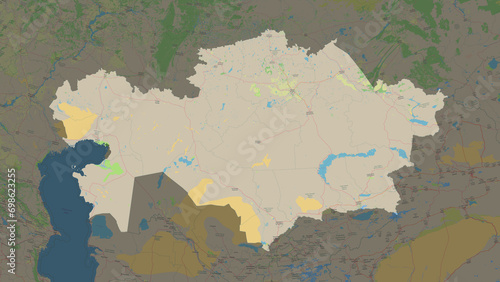 Kazakhstan highlighted. Topographic Map