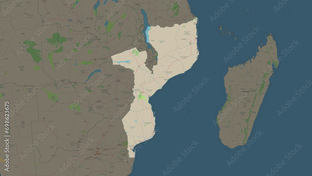 Mozambique highlighted. Topographic Map