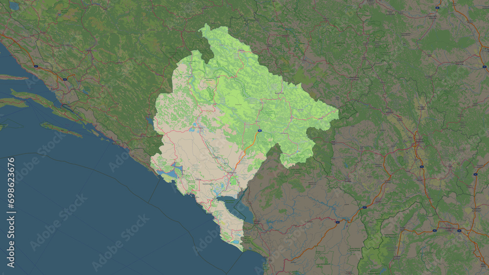 Montenegro highlighted. Topographic Map