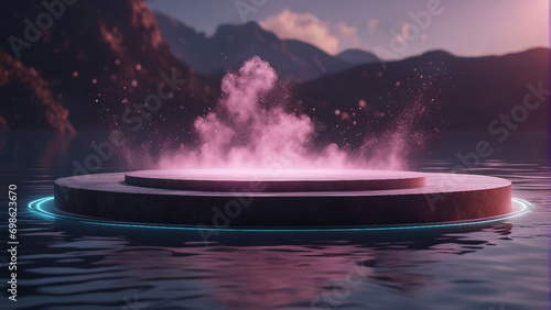 Futuristic stage with neon light frame and podium on water and smoke generated by AI