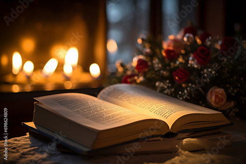 book and candle in winter. open book in the house in winter. generative ai