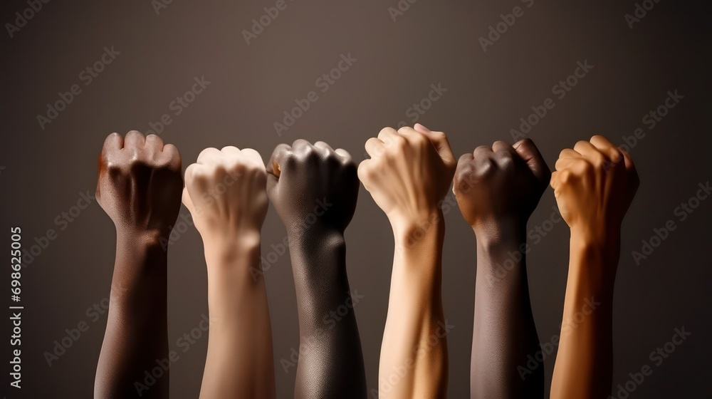 Raised fist of different skin colors, Fight against racism and racial discrimination, Promotion of Equality diversity inclusion affirmative action Raised fist of different skin colors, Fight against racism and racial discrimination, Promotion of Equality diversity inclusion affirmative action