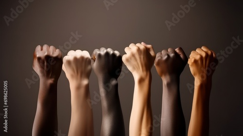 Raised fist of different skin colors, Fight against racism and racial discrimination, Promotion of Equality diversity inclusion affirmative action