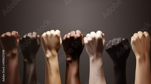 Raised fist of different skin colors, Fight against racism and racial discrimination, Promotion of Equality diversity inclusion affirmative action