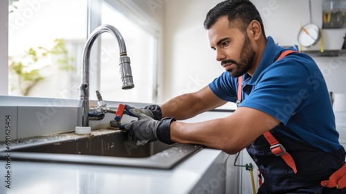 A plumber is inside, working on the kitchen faucet.
