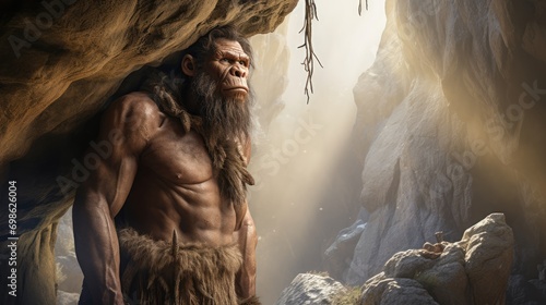 Primordial Habitat: Australopithecus in a Gruta - Illustrating the Evolutionary Progression of Prehistoric Hominids, Unearthed Discoveries Pointing to the Ancestral Origins of Humanity.