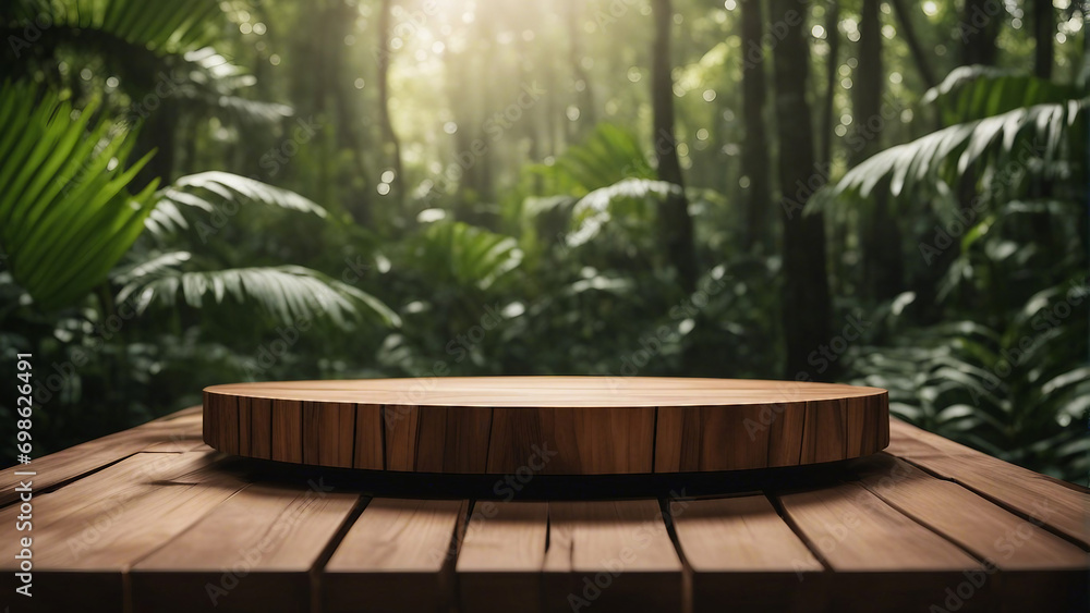 Fototapeta premium Wooden podium in tropical forest for product presentation generated by AI