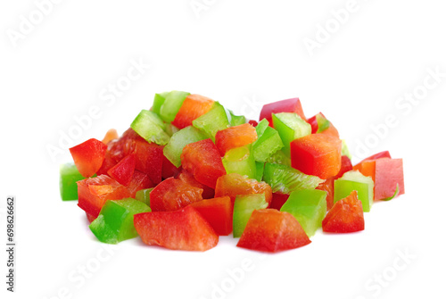 Diced red and green pepper isolated on white background,Top view