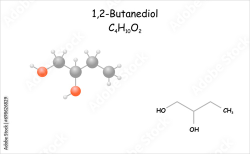 Stylized 2d molecule model/structural formula of 1,2-Butanediol. photo