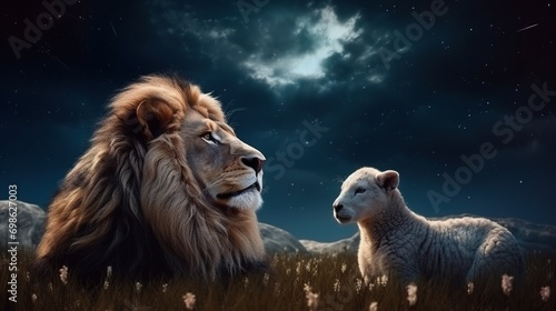 lion and lamb lying together  bible and christianity symbol of peace and paradise 