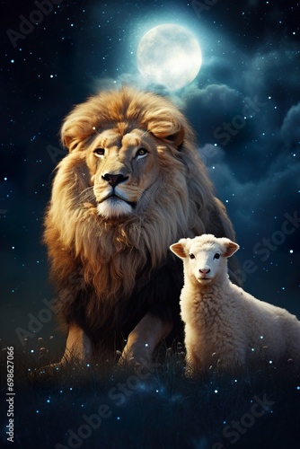 lion and lamb lying together  bible and christianity symbol of peace and paradise 