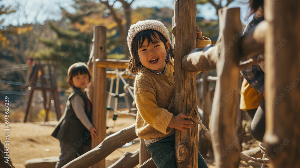 日本の幼稚園児・保育園児2人が長袖の冬服で木の大型遊具の上で遊んで笑っている写真、幼児教育 - obrazy, fototapety, plakaty 