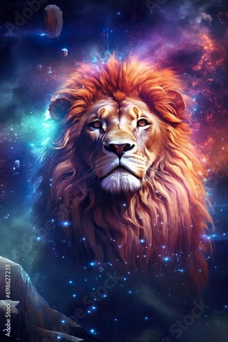 magic fantasy portrait of lion sitting in open space with stars and nebulas  king of nature in colorful cosmos