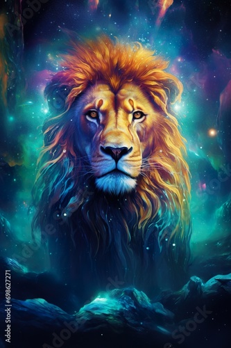 magic fantasy portrait of lion sitting in open space with stars and nebulas  king of nature in colorful cosmos