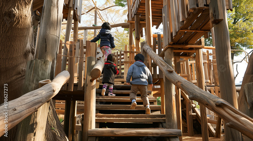 木でできた大型遊具の階段を登っていく子どもの後ろ姿
