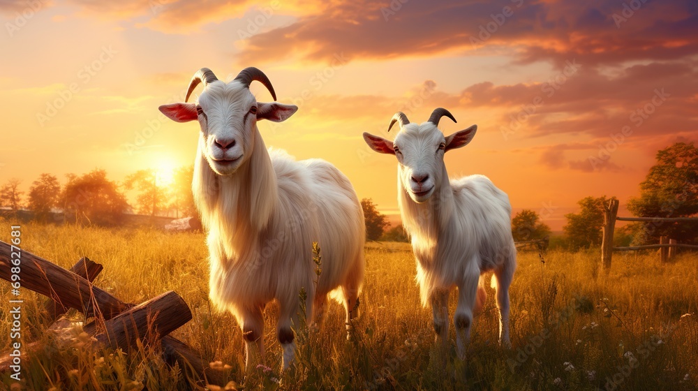herd of cute goat in farm field at sunset, farmland animals - obrazy, fototapety, plakaty 