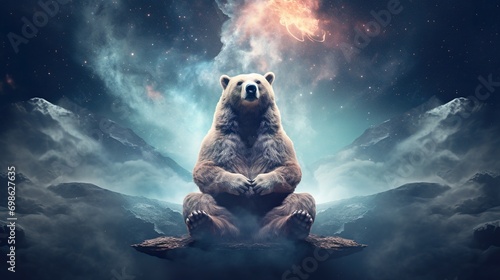 calm and tranquil bear meditating in lotus pose at open space with stars and nebulas background, harmony and zen balance concept photo