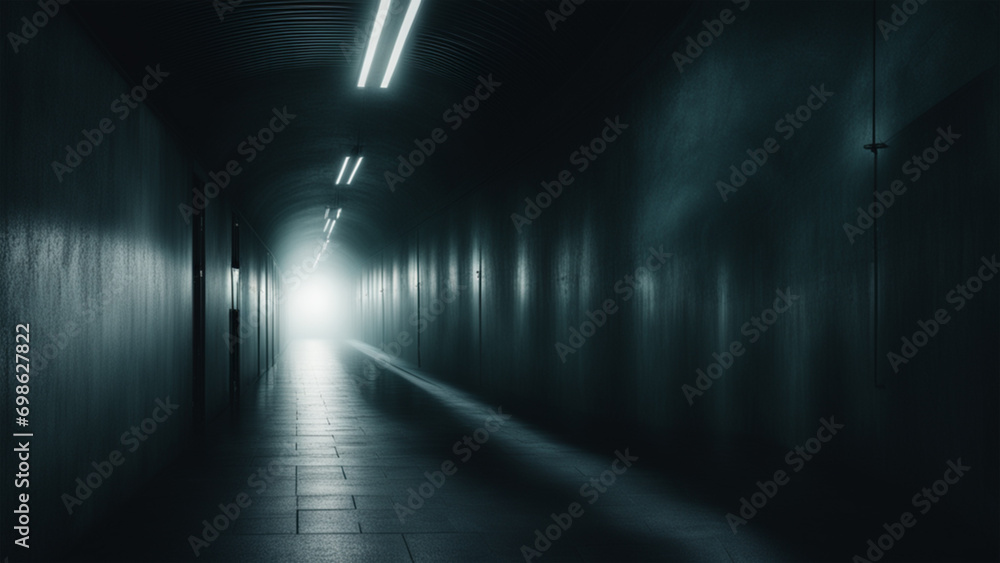 AI generated. Illustration. Dark long corridor. Illuminated underground tunnel. Light in end of tunnel. Abstract background.