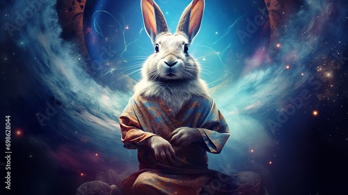 illustration of funny animal meditating, rabbit practicing yoga in calm and tranquil meditation