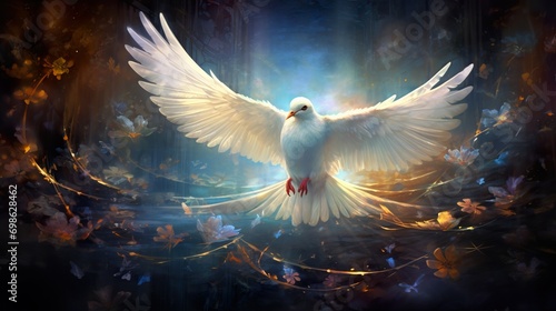 white gorgeous dove of peace fly in beautiful heaven, amazing flying pigeon in rays of light photo