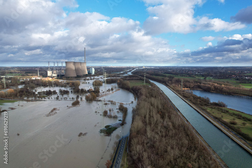 Hochwasser an der Lippe - Datteln-Hamm-Kanal und Naturschutzgebiet  Am Tibaum   Kohlekraftwerk  Hamm