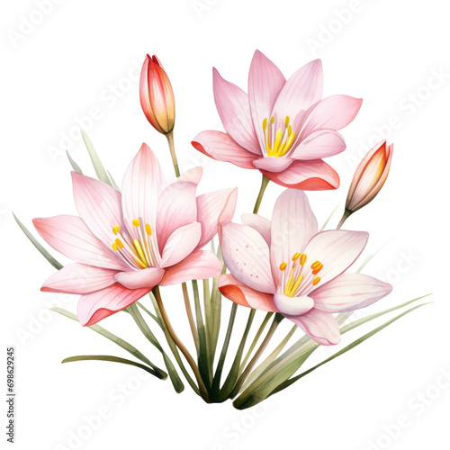 Pink and Light Red Rain Lily Or Zephyranthes Flower Botanical Watercolor Painting Illustration