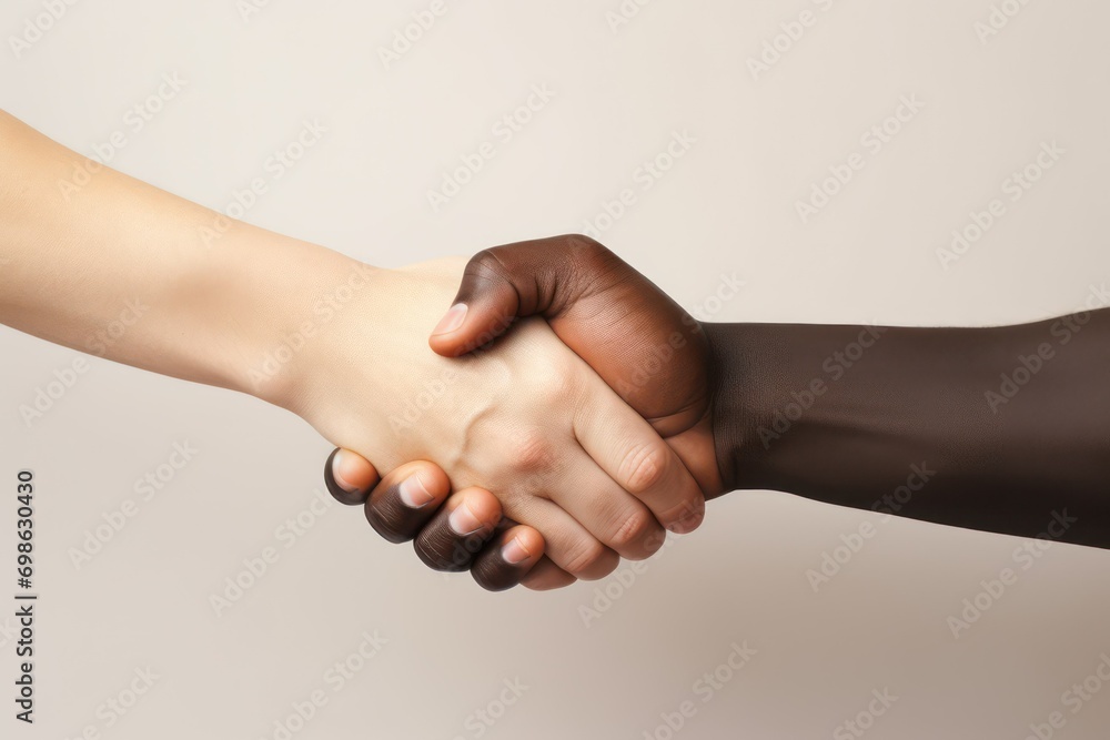 Handshake between a black person and white person, Racial unity to Fight against racism and racial discrimination, Promotion of Equality diversity inclusion affirmative action - obrazy, fototapety, plakaty 