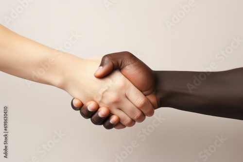 Handshake between a black person and white person, Racial unity to Fight against racism and racial discrimination, Promotion of Equality diversity inclusion affirmative action