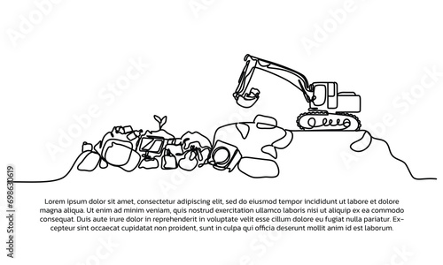 Continuous line design of rubbish dump cleaning. Single line decorative elements drawn on a white background.