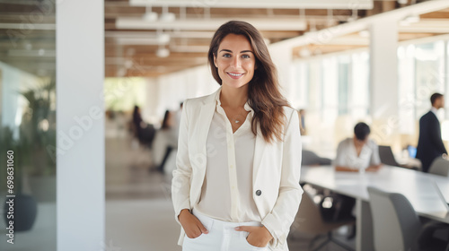 Happy smiling female business professional, standing in bright white office, with team in background photo