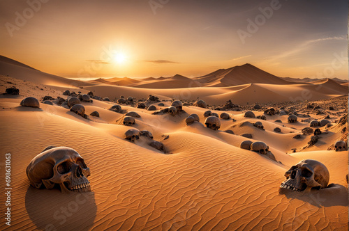 AI generated. Illustration. Many human skulls lie in desert on sand. Mass death. Burial in desert.